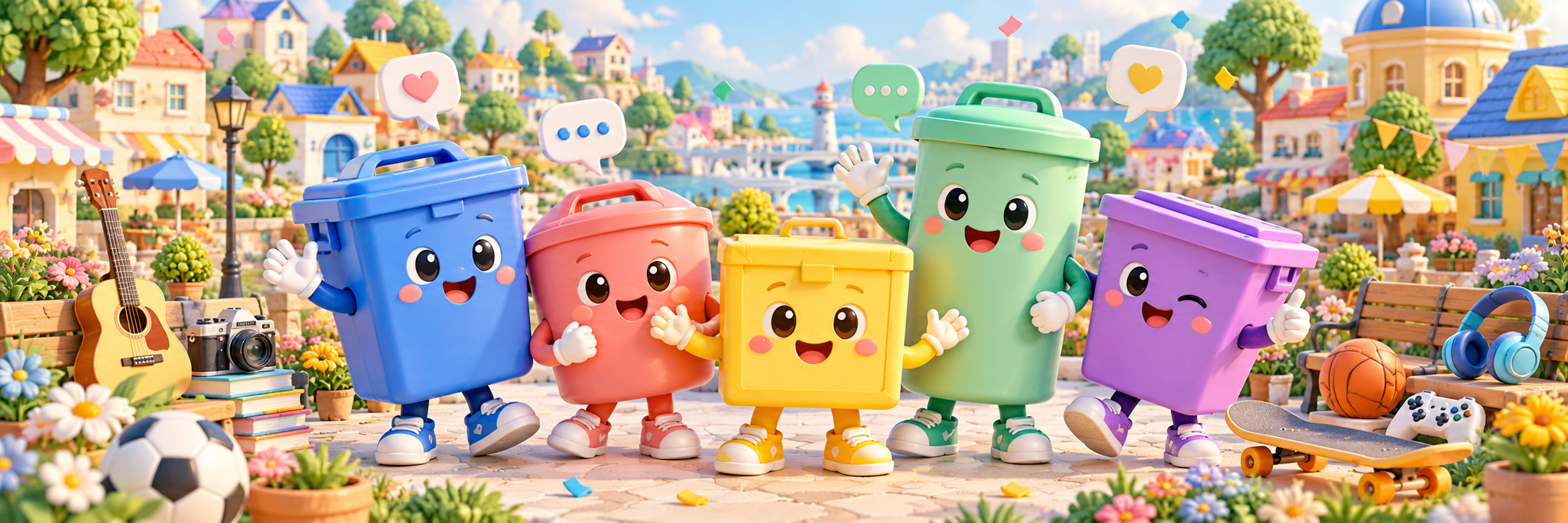 青・ピンク・黄・緑・紫、色も形も違う5体の立体コミ箱キャラクターが集まるにぎやかな街